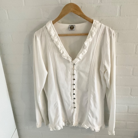 Vintage La Cotonnière Button down Blouse Ruffled Off White Cottagecore Sz XL - Picture 5 of 14